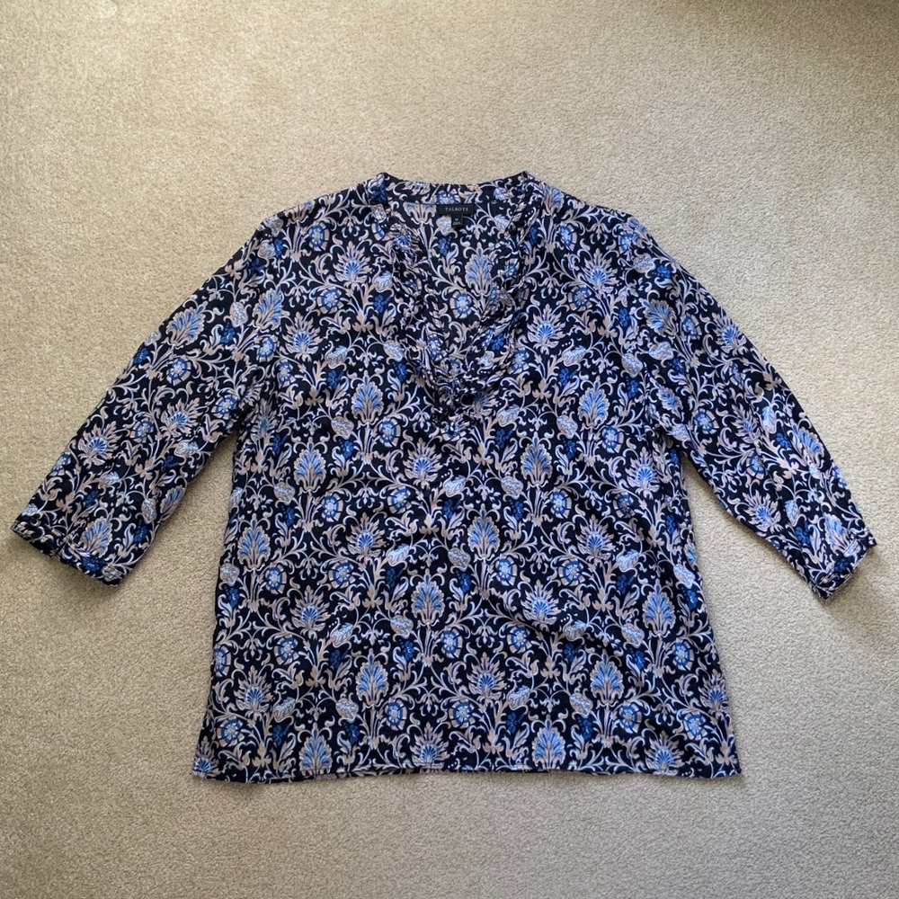 Talbots Black and Blue Paisley Patterned Lightweight Tunic Blouse Womens M